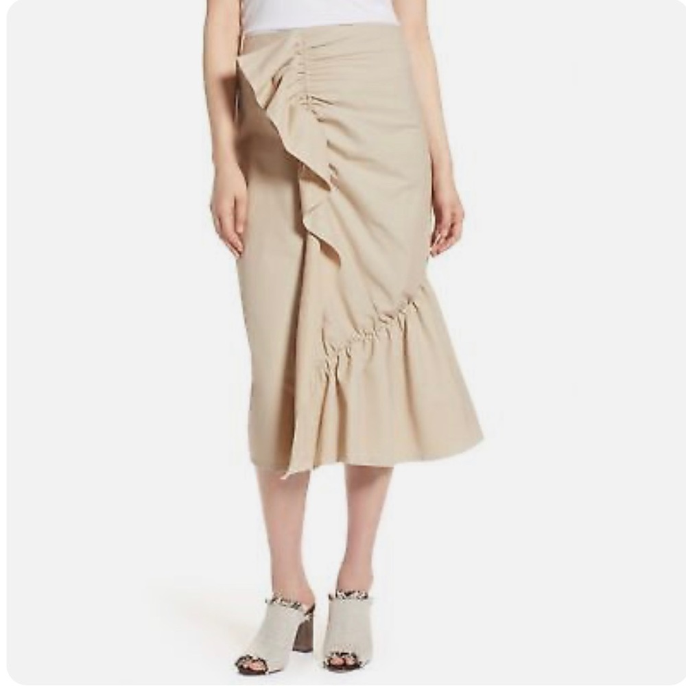 Halogen Ruffle Front Midi Skirt Tan Thread